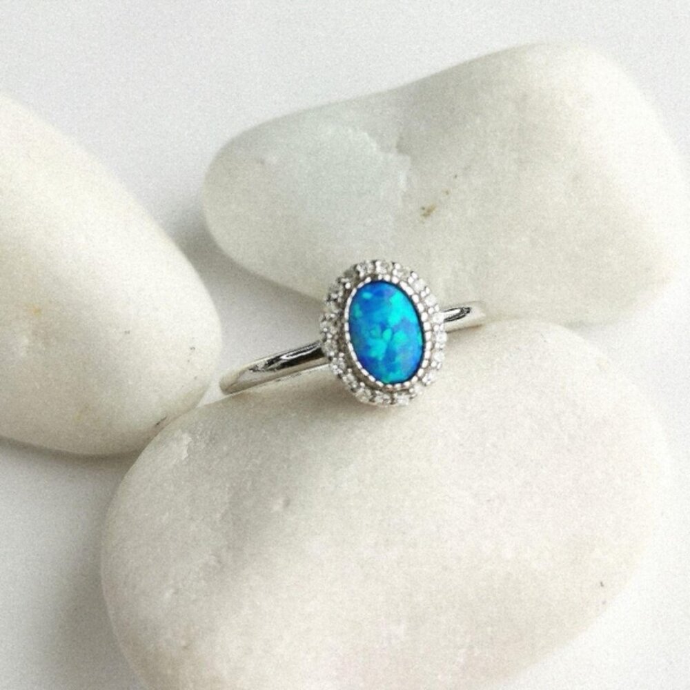 Blue Opal Diamond Halo Sterling Silver Ring Size 8